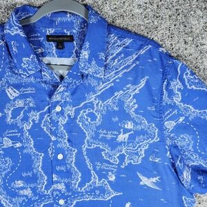Banana Republic Button Up Shirt Mens L Blue Map Print Linen Blend Excellent